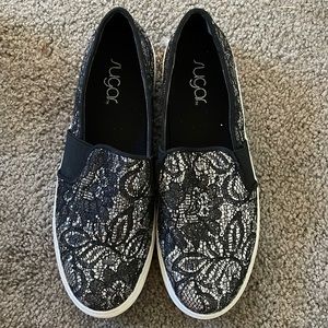 Sugar Black Lace w/ Silver Sparkle Slip-On Cushioned Shoe Loafers Size 8.5